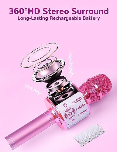 Amazmic Toys for Girls, Kids Karaoke Microphone Toddler Microphone for Kids with Lights, Birthday Gift for Girls, Boys Toy Age 3 4 5 6 7 8+(Light Pink)