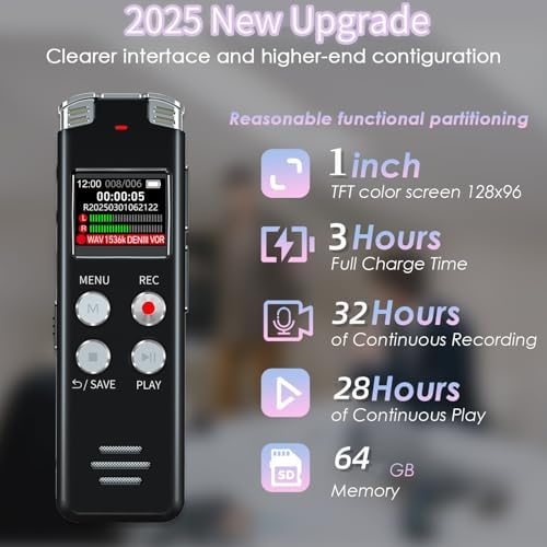 64GB Digital Voice Recorder with Playback: Voice Activated Recorders for Lectures Meetings Interviews - EVISTR Dictaphone Recording Device Tape Recorder Portable Mini, Audio Recorder with USB, MP3
