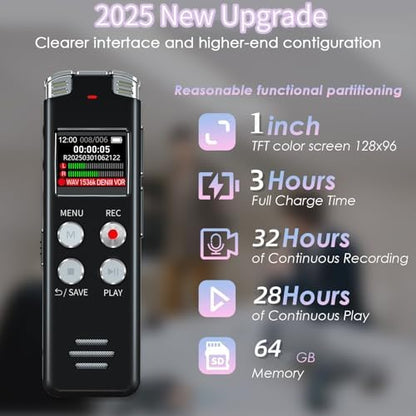 64GB Digital Voice Recorder with Playback: Voice Activated Recorders for Lectures Meetings Interviews - EVISTR Dictaphone Recording Device Tape Recorder Portable Mini, Audio Recorder with USB, MP3