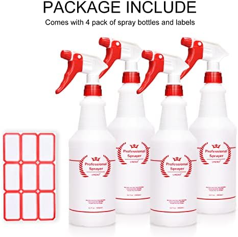 Plastic Spray Bottle (4 Pack, 32 Oz, All-Purpose) Heavy Duty Spraying Bottles Leak Proof Mist Empty Water Bottle for Cleaning Solution Planting Pet with Adjustable Nozzle and Measurements