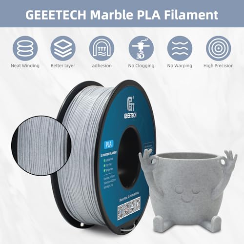 Geeetech Marble PLA 3D Printer Filament, Stone-Like Appearance, 1kg Spool (2.2lbs), 1.75mm Dimensional Accuracy +/- 0.02 mm, Marble White-Grey Color
