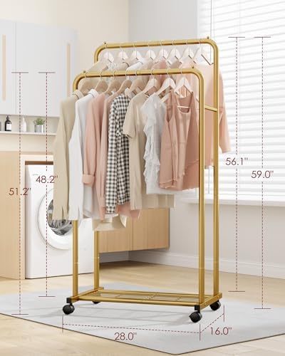 Clothes Rack - Clothing Rack with Storage Mesh Shelf & Casters, Heavy-Duty Metal Clothing Rack for Hanging Clothes, Dresses, Coats, Large Load Capacity, Easy Assembly, Gold, 28.0"x16.0"x59.0"