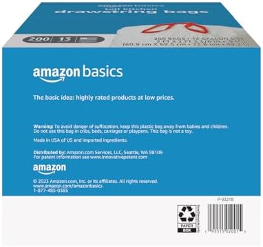 Amazon Basics Trash Bags, Tall Kitchen Drawstring, Unscented, 13 Gallon, 200 Count, Pack of 1