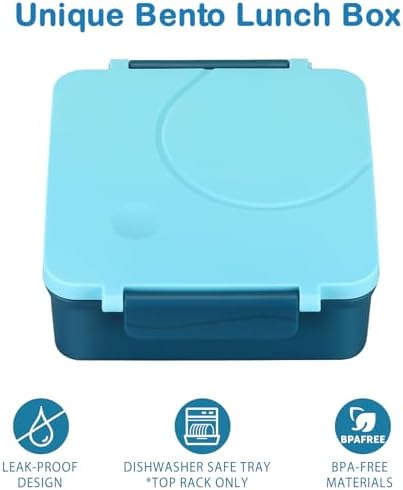 Bento Lunch Box Set for Kids with 8oz Soup Thermo, Leak-Proof Lunch Containers with 4 Compartment, Kids Thermo Hot Food Jar and Insulated Lunch Bag for Kid to School-Blue