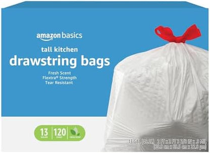 Amazon Basics Flextra Tall Kitchen Drawstring Trash Bags, Fresh Scent, 13 Gallon, 120 Count