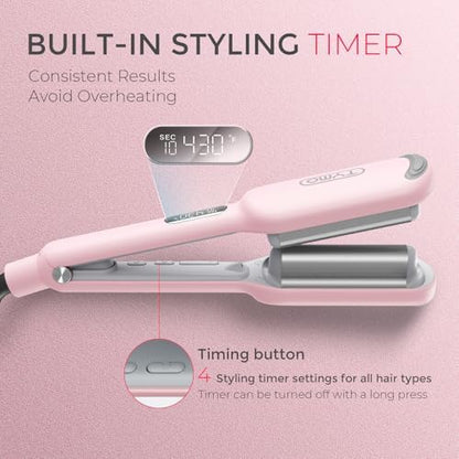 Curling Iron Hair Crimper Waver - TYMO ROVY Beach Waves Curling Wand, Ionic Deep Waver Hair Curler Tool with Ceramic 3 Barrel for Women, Dual Voltage, Anti-Scald, Easy to Use, Pink, 1 Inch