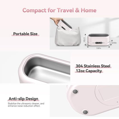 Ultrasonic Jewelry Cleaner, Upgraded 48KHz Ultrasonic Cleaner Machine with 304 Stainless Steel for Jewelry, Eyeglasses, Rings, Dentures, Watch Strap（Pink）