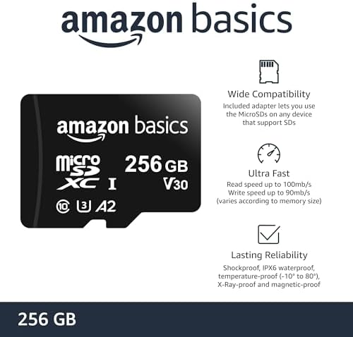Amazon Basics Micro SDXC Memory Card with Full Size Adapter, A2, U3, Read Speed up to 100 MB/s, 256 GB, Black