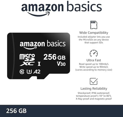 Amazon Basics Micro SDXC Memory Card with Full Size Adapter, A2, U3, Read Speed up to 100 MB/s, 256 GB, Black