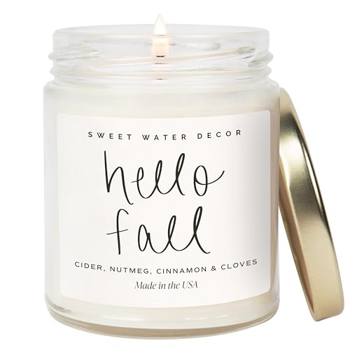 Sweet Water Decor Hello Fall Candle - Cinnamon Apples & Clove Autumn Fall Scented Candle for Home Decor - 100% Cotton Wick Soy Wax Candles with 40 Hour Burn Time - Made in The USA - 9oz Clear Jar