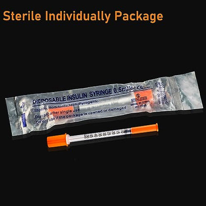 U-100 0.5 ml Syringe with Needle, 31G 5/16" 8mm 1/2cc Syringes, Disposable Individual Package, Pack of 100