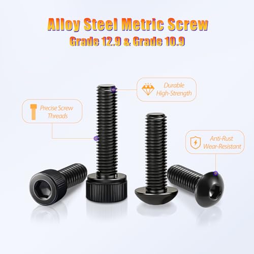 Kadrick Metric Screws Assortment,600 Pcs M6 Screws Nuts Washers Assortment M6x8MM-40MM, Hex Socket Button & Cap Head M6 Machine Bolts Kit, 12.9 & 10.9 Grade Alloy Steel Black