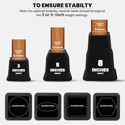 Utopia Bedding - Adjustable Bed Risers 3, 5, 8 Inch – Heavy Duty Furniture Riser Set of 4 for Beds, Couch & Desk – Under Bed Storage & Dorm Room Essential – Supports Up to 1,300 lbs – Black