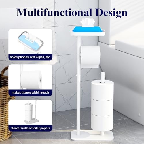 Kitsure Toilet Paper Holder Free Standing – Rustproof Metal Toilet Paper Stand for 4 Rolls with Anti-Slip Base and Shelf for Phone & Small Items, Bathroom Organizers and Storage, Large, White