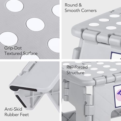 Delxo Folding Step Stool, 13 inch Non-Slip Foldable Stools Up to 300 LBS, Step Stool with Handle, Lightweight for Kitchen, Bathroom, Bedroom, Garden, Grey, 1PC