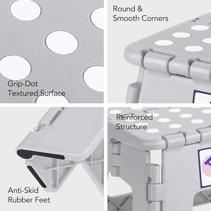Delxo Folding Step Stool, 13 inch Non-Slip Foldable Stools Up to 300 LBS, Step Stool with Handle, Lightweight for Kitchen, Bathroom, Bedroom, Garden, Grey, 1PC