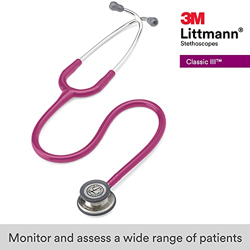 3M Littmann Classic III Monitoring Stethoscope, 5648, More Than 2X as Loud, Weighs Less, Stainless Steel Chestpiece, 27" Raspberry Tube