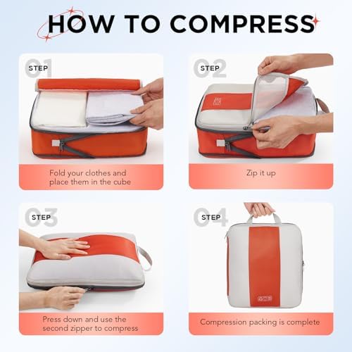 8 Set Compression Packing Cubes for Travel Essentials,Compressible Expandable Packing Cubes for Suitcase,OlarHike Luggage Organizer Bags for Travel,Handy Helper for Organizing Clothes(Orange)