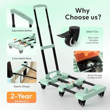 Folding Hand Truck 600lbs, Portable Heavy Duty Dolly Cart, 6 Wheels Collapsible Luggage Cart with 2 Elastic Ropes - Compact Trolley Cart for Easy Moving - Ideal Hand Cart for Travel and More