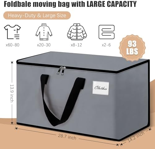 Heavy Duty Moving Bags - Extra Large Packing Bags and Storage Totes, Collapsible and Foldable Option for Moving and Storage, Grey, 93 L - 6 Pack