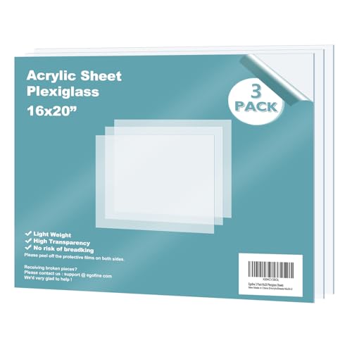 Egofine Plexiglass Sheets Acrylic Sheets 3 Pack of 16x20’’ 0.04 Thick Clear Plastic Cast Transparent Plexi Glass for Crafting Projects, Replacement Picture Frame Glass, DIY Display, Easy to Cut