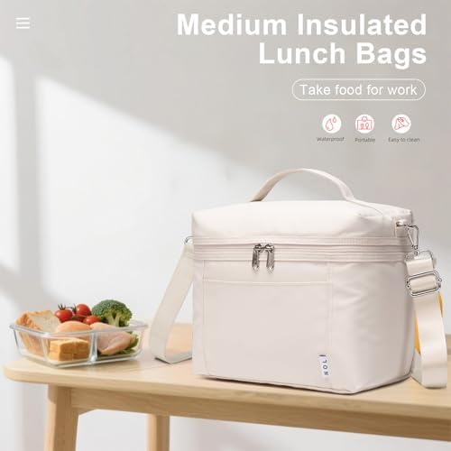 NOL Natural Organic Lifestyle Insulated Lunch Bags for Women Cooler Bag Lightweight Nylon Waterproof Lunch Box For Work（Medium, Cream