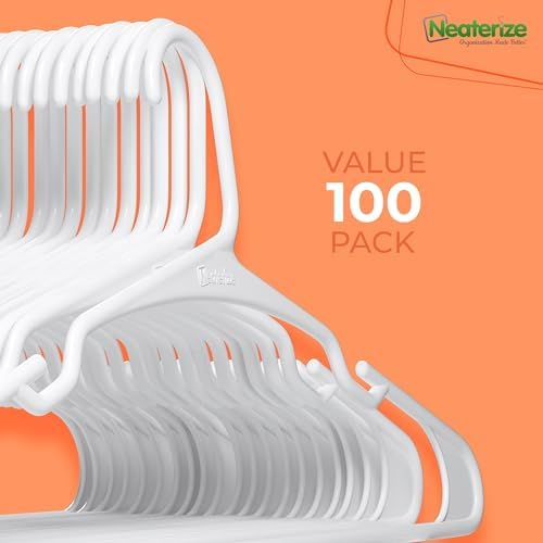 NEATERIZE Clothes Hangers Plastic 100 Pack For Adults - Plastic Hangers, The Perfect Coat Hanger and Space Saving Clothes Hangers for Closet, Percheros Ganchos para Colgar Ropa Hangars - White Hangers