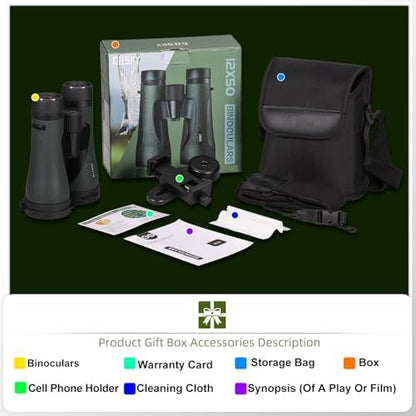 12X50 Professional Binoculars for Adults High Power with Phone Adapter, HD Binoculars with BaK4 prisms, Super Bright Lightweight & Waterproof Binocular Perfect for Bird Watching, Hunting, Stargazing