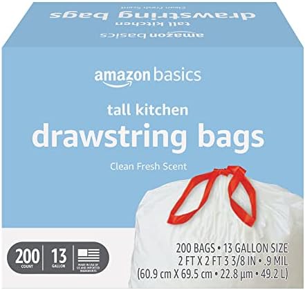 Amazon Basics Scented Trash Bags, Tall Kitchen Drawstring, Clean Fresh Scent, 13 Gallon, 200 Count, Pack of 1