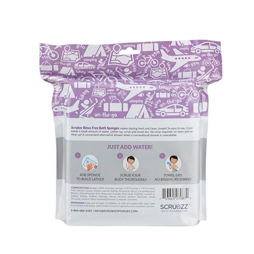 Scrubzz Disposable No Rinse Bathing Wipes - All-in-1 Single Use Shower Wipes, Simply Dampen, Lather, and Dry Without Shampoo or Rinsing (Lavender, 8-Pack)
