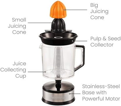 Elite Gourmet ETS740 BPA-Free Electric Citrus Juicer with 2 Cones, Compact, Large Volume, Pulp Control, Oranges, Lemons, Limes, Grapefruits with Easy Pour Spout, 1.2L, Black/Stainless Steel