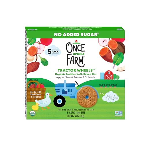 Once Upon a Farm | Organic Toddler Soft-Baked Bar Tractor Wheels | Apple, Sweet Potato & Spinach | Made with Real Fruit & Veggies | No Added Sugar | 8 Boxes