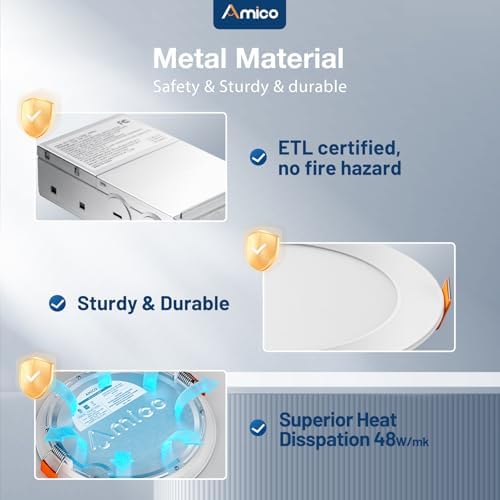 Amico 12 Pack 4 Inch 5CCT Ultra-Thin LED Recessed Dimmable Can/Ceiling Light with Junction Box, 2700K/3000K/3500K/4000K/5000K Selectable, 11W Eqv 70W, 800LM High Brightness Wafer Downlight - ETL&FCC