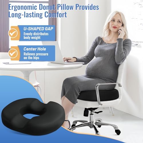 Donut Pillow Seat Cushion Chair Pad for Tailbone Pain Relief and Hemorrhoids, Memory Foam Seat Chair Cushion for Postpartum Pregnancy, Seat Cushions for Men and Women for Home & Office, (Black)
