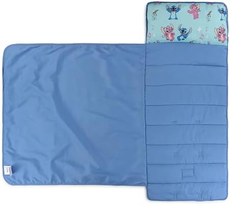 Jay Franco Toddler Nap Mat with Built-in Pillow and Blanket - Soft 46 x 20-inch Microfiber Kids Sleeping Bag for School or Sleepover, Blue - Lilo & Stitch
