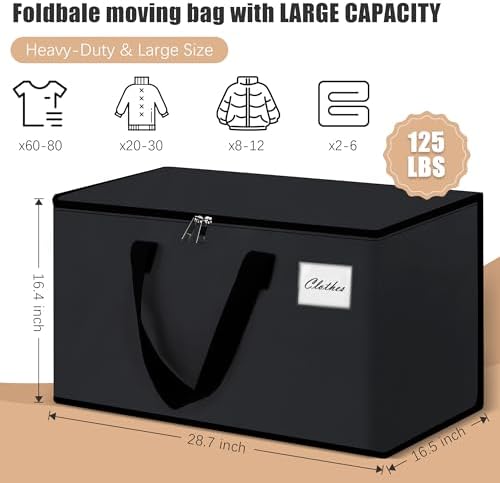 Heavy Duty Moving Bags - Extra Large Packing Bags and Storage Totes, Collapsible and Foldable Option for Moving and Storage, Black, 125 L - 12 Pack