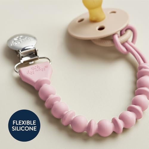 Itzy Ritzy Silicone Pacifier Clip; 100% Food Grade Silicone Pacifier Strap with Clip Keeps Pacifiers, Teethers & Small Toys in Place; Features One-Piece Design & Cord (Pink with Silver Clasp)