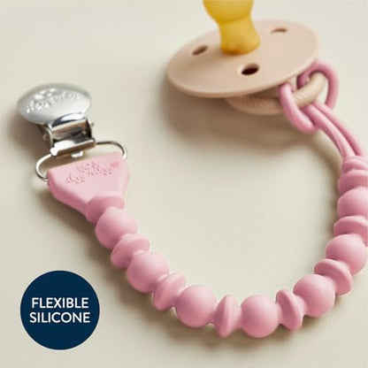 Itzy Ritzy Silicone Pacifier Clip; 100% Food Grade Silicone Pacifier Strap with Clip Keeps Pacifiers, Teethers & Small Toys in Place; Features One-Piece Design & Cord (Pink with Silver Clasp)