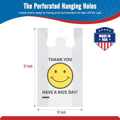 Fuxury 1000 Count Happy Smiling Face Thank You Plastic Bags (12" x 6.5" x 21") White, Have a Nice Day Bags for T-shirt, Grocery, Take Out, To Go, Retail Shopping in Bulk (Made in USA)