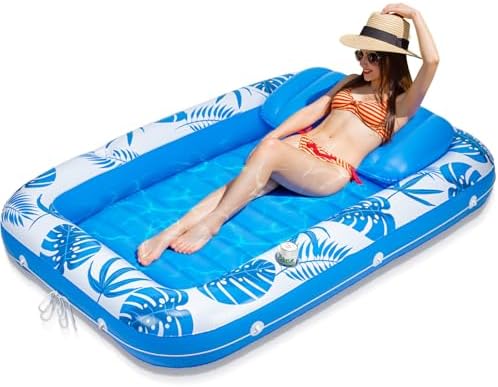 Pool Floats Inflatable Tanning Pool Lounger Float, 71" x 48" Large Pool Floats Adult with Pillow & Drink Holder,Sunbathing Water Lounge Floaties Tub Raft for Lake, Backyard, Beach Pool Party