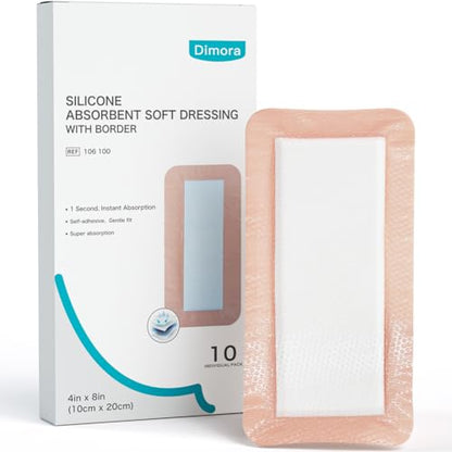 Dimora Silicone Ultra Absorbent Dressing Pads - Adhesive Wound Bandage with Gentle Border, Waterproof Soft Gauze for Post Surgical and Bed Sore Exudate Management 4"X 8" 10 Packs