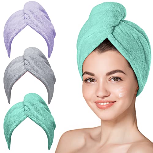 Hicober Microfiber Towel, Turbans for Wet Hair, Drying Wrap Towels for Curly Hair Women Towel Wrap for Kids-Purple,Green,Grey-Pack of 3