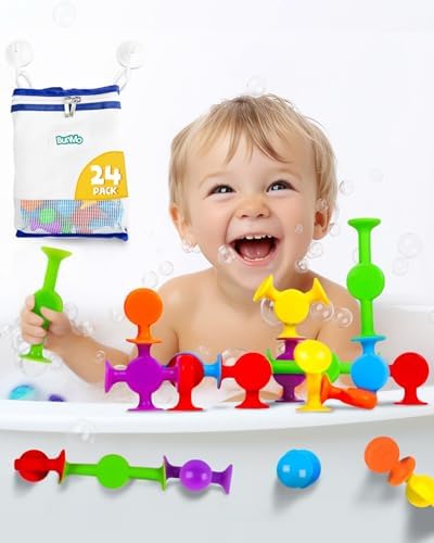 BUNMO Bath Toys Suction - Connect, Build, Create - Toddler Bath Toys - Hours of Fun & Creativity - Fine Motor Skills - Stimulating Sensory Toys - Non-Mouthable Toy 3+ - Smooth 24 Pack