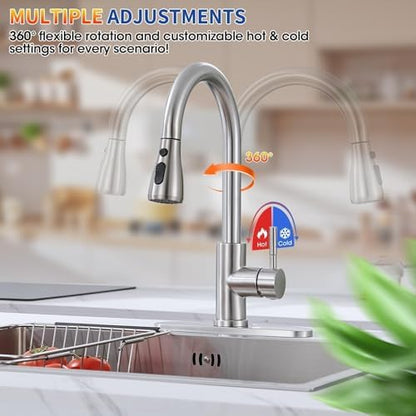 Kitchen Faucets with Pull Down Sprayer, High Arc Single Handle Stainless Steel Commercial Kitchen Faucet 1 or 3 Hole Sink Faucet for Farmhouse Camper Laundry Rv Bar, Brushed Nickel