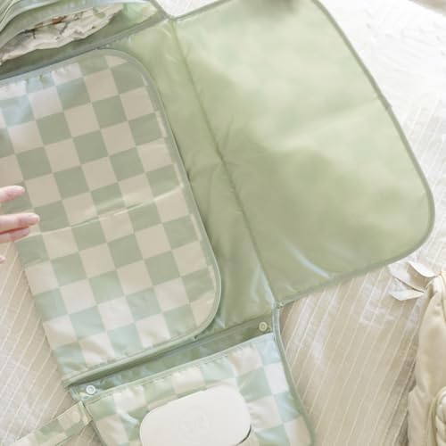 Tiny Twinkle Portable Diaper Changing Pad-Foldable Waterproof Changing Mat&Portable Changing Pad for Travel,Baby Changing Station with Smart Wipes Pocket&Storage (Sage Checkers)