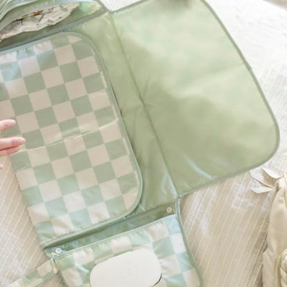 Tiny Twinkle Portable Diaper Changing Pad-Foldable Waterproof Changing Mat&Portable Changing Pad for Travel,Baby Changing Station with Smart Wipes Pocket&Storage (Sage Checkers)