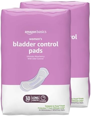 Amazon Basics Incontinence Pads for Women Long, Bladder Control, Postpartum, Ultimate Absorbency, Unscented, 60 Count (2 Packs of 30)