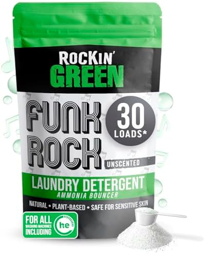 Rockin' Green Laundry Detergent, Plant based, All Natural Laundry Detergent Powder, Vegan and Biodegradable Odor Fighter, Safe for Sensitive Skin (Funk Rock Ammonia Bouncer 30 Loads - Unscented)
