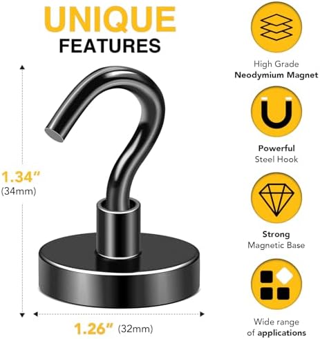 DIYMAG Black Magnetic Hooks, 118 LB Heavy Duty Strong Magnet with Hooks, Strong Rare Earth Neodymium Magnet Hooks for Hanging, Magnetic Hanger for Curtain, Home, Kitchen, Workplace, 20 Packs