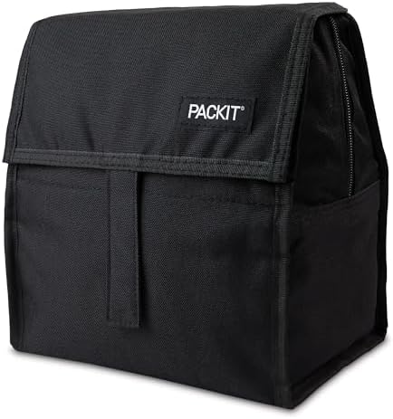 PackIt Freezable Lunch Bag, Black, Built with EcoFreeze Technology, Foldable, Reusable, Zip and Fold Closure with Buckle Handle, Perfect for School and Office Lunches